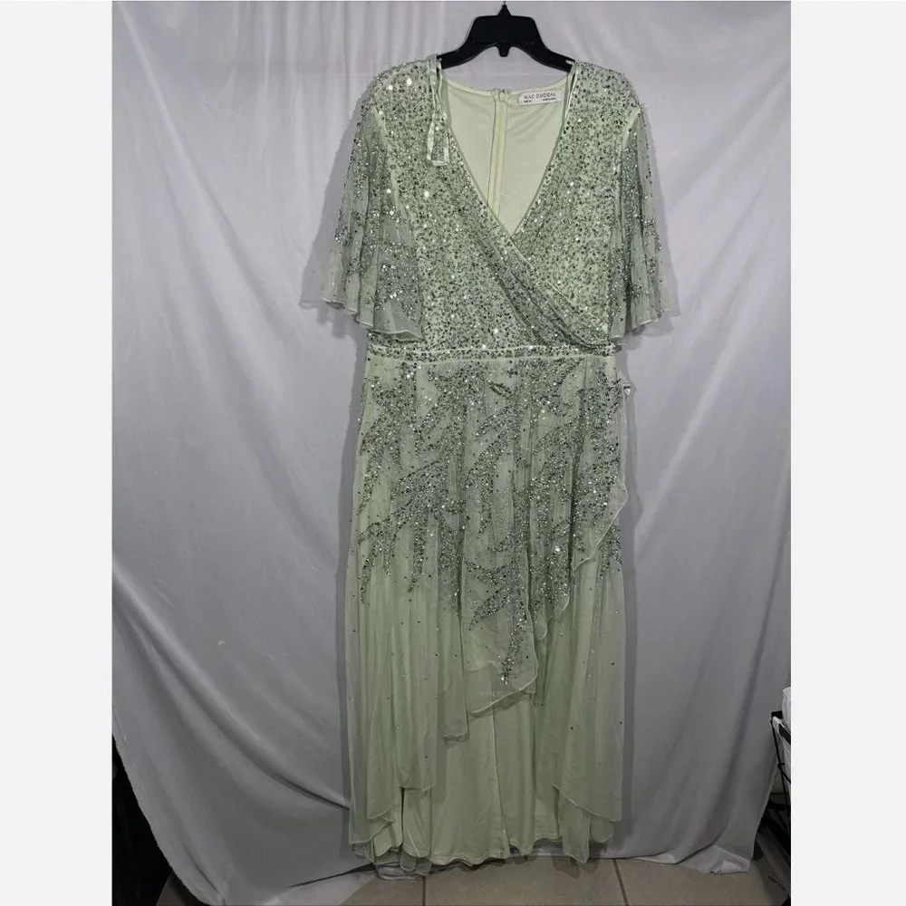 NWT $498 Mac Duggal [‎ 18 ] Sequined Butterfly Sleeve High Low Gown Sage Greeen